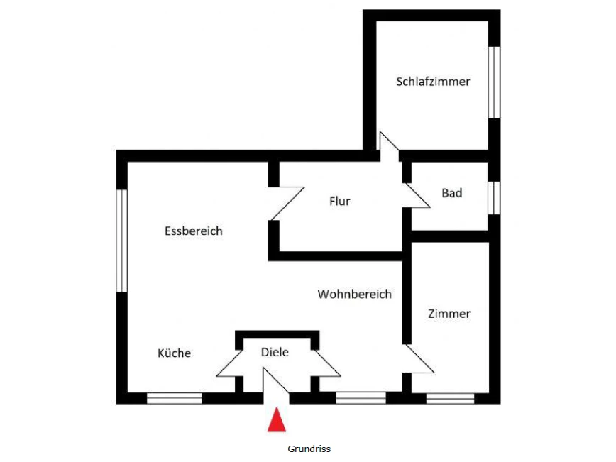Grundriss der Wohnung mit Wohn-, Ess- und Küchenbereich, Schlafzimmer, Zimmer, Bad, Flur und Diele